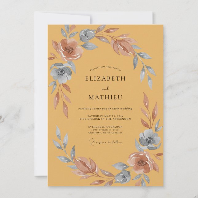 Convite Casamento Aquarela em Aço Mostarda (Frente)