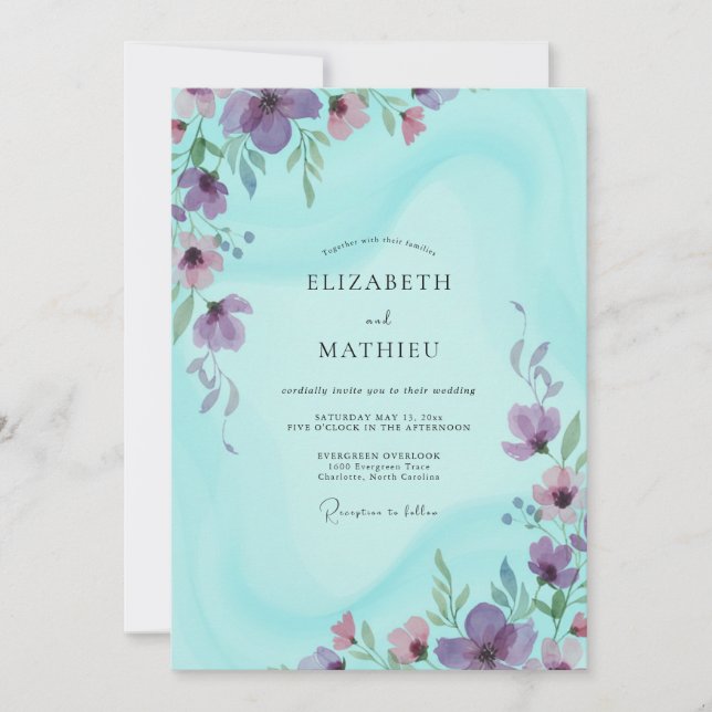 Convite Casamento Aquarela em Água Lavanda (Frente)