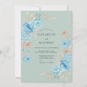 Convite Casamento Aquarela Flor de Azul Celeste