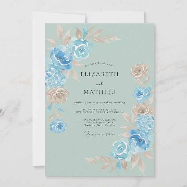 Convite Casamento Aquarela Flor de Azul Celeste (Frente)