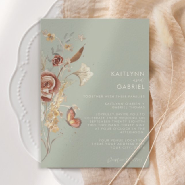 Convite Casamento Aquarela Flor de Sálvia Seca Flor Silves (Criador carregado)