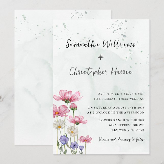 Convite Casamento Aquarela Flor Silvestre Boho Chic (Frente/Verso)