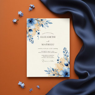 Convite Casamento Aquarela Floral Azul e Dourado