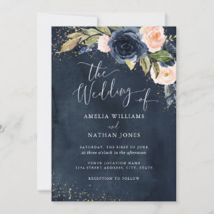 Convite Casamento Aquarela Floral Brilho Marinho Dourado
