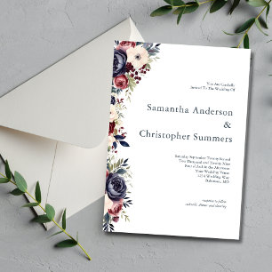 Convite Casamento Aquarela Floral Creme Azul Marinho Borgo