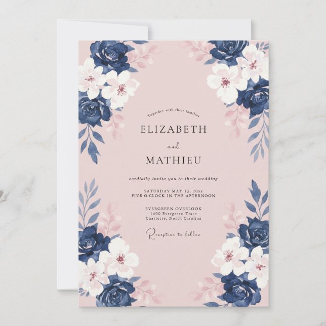 Convite Casamento Aquarela Floral Rosa Marinho (Frente)