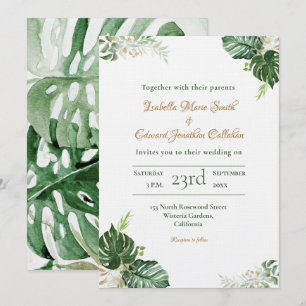 Convite Casamento Aquarela Folhas de Monstera Verde Tropic