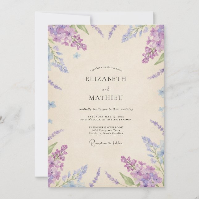 Convite Casamento Aquarela Lavanda e Periwinkle (Frente)