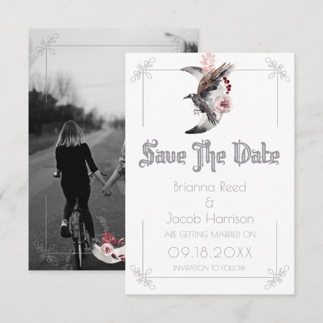 Convite Casamento Aquarela Lua E Corvo Salvar A Data (Frente/Verso)