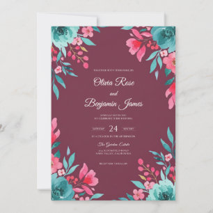 Convite Casamento Aquarela Magenta Borgonha