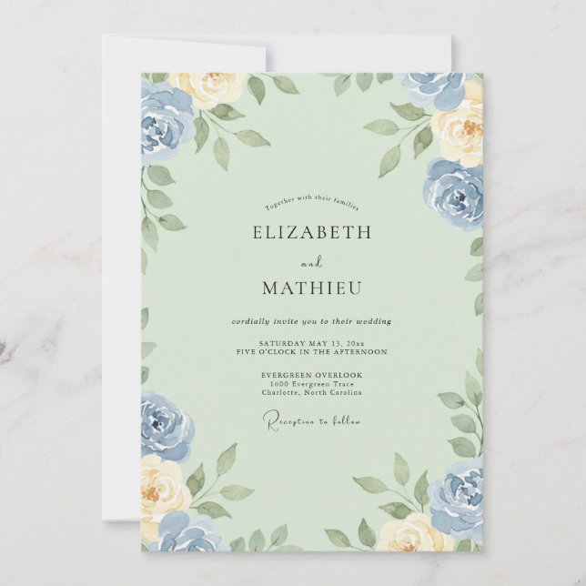 Convite Casamento Aquarela Marfim Menta (Frente)