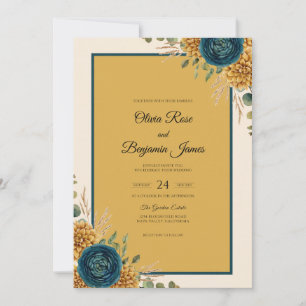 Convite Casamento Aquarela Mostarda Azul-Verde