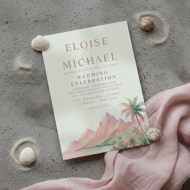Convite Casamento Aquarela na Praia da Ilha do Pôr do Sol  (Tropical Sunset Island Beach Watercolor Wedding Invitation)