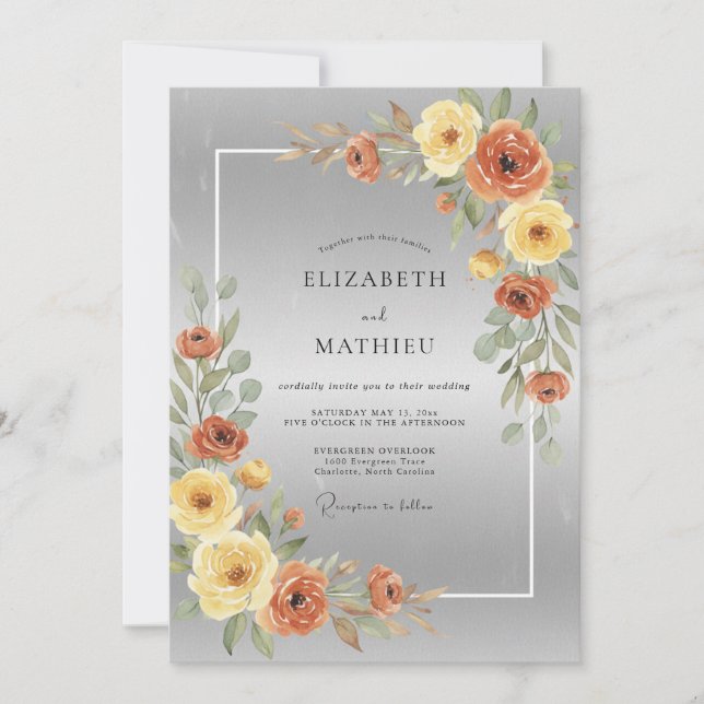 Convite Casamento Aquarela Ócre Prata (Frente)