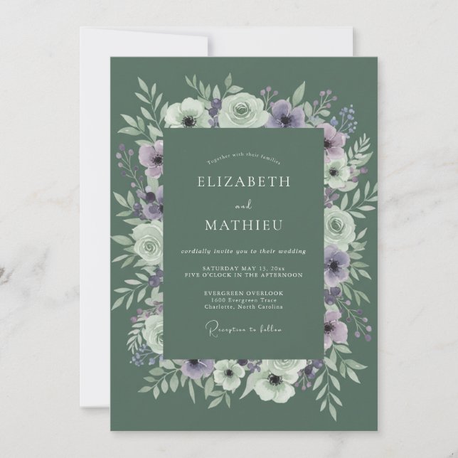 Convite Casamento Aquarela Oliva Lavanda (Frente)