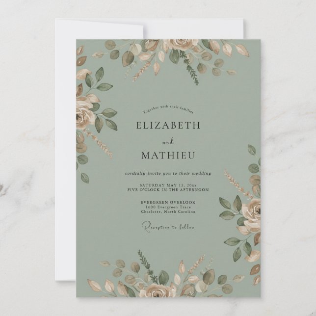 Convite Casamento Aquarela Oliva Sage (Frente)
