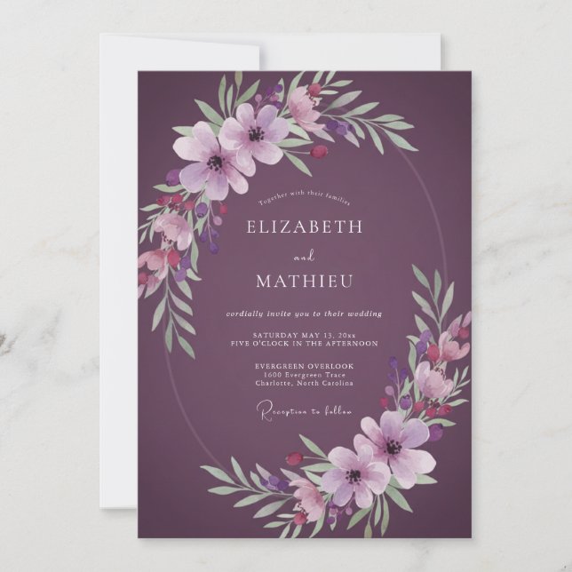 Convite Casamento Aquarela Plum Meadow (Frente)