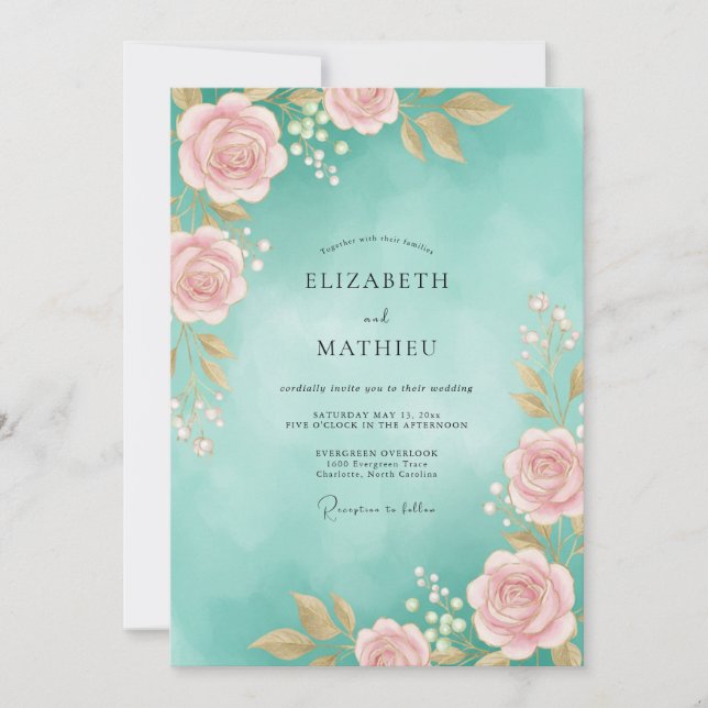 Convite Casamento Aquarela Rosa Água (Frente)