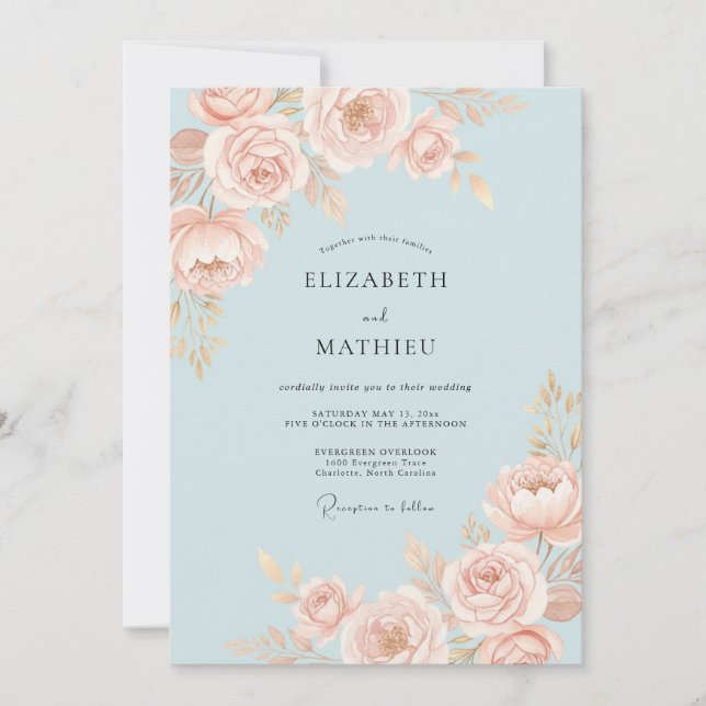 Convite Casamento Aquarela Rosa Bege (Frente)
