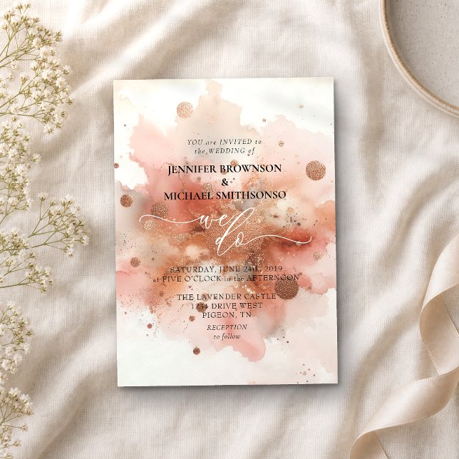 Convite Casamento Aquarela Rosa Bege Dourado (Criador carregado)