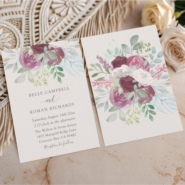 Convite Casamento Aquarela Rosa Boho Borgonha  (Criador carregado)