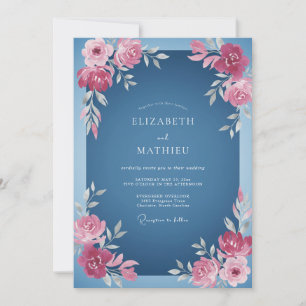 Convite Casamento Aquarela Rosa Cobalto