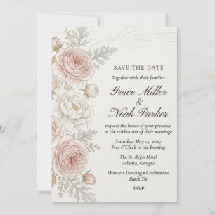 Convite Casamento Aquarela Rosa Corada e Laço Branco