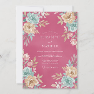 Convite Casamento Aquarela Rosa Framboesa