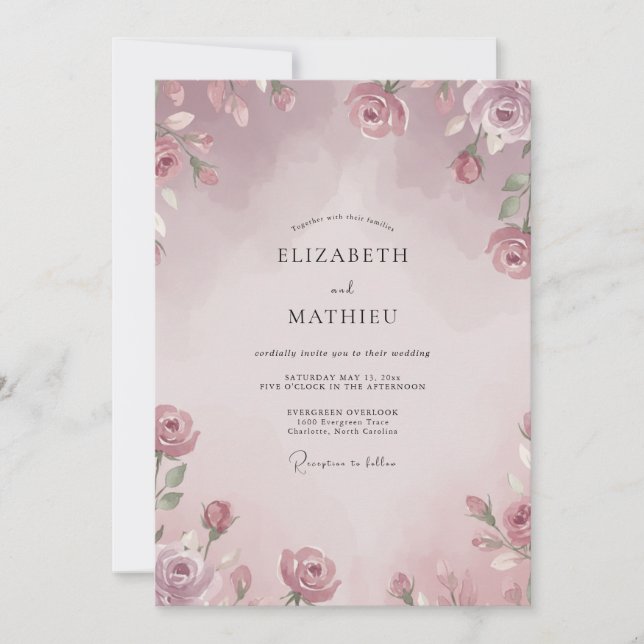 Convite Casamento Aquarela Rosa Pálido Malva (Frente)