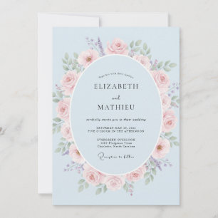 Convite Casamento Aquarela Rosa Pétala Azul Pó