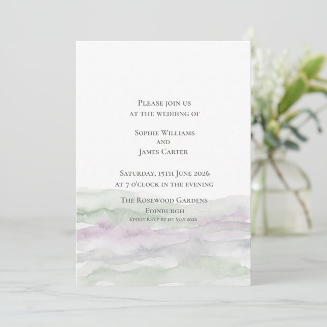 Convite Casamento Aquarela Roxa de Urze Escocesa (Em pé/Frente)