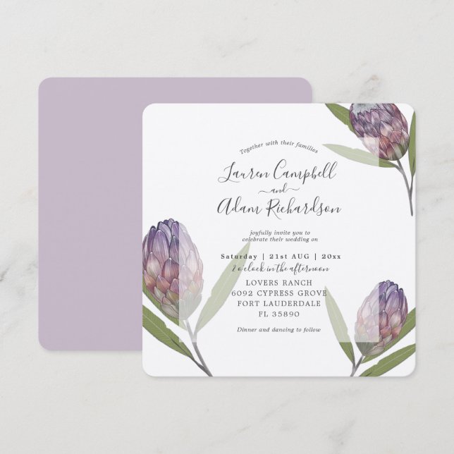 Convite Casamento Aquarela Roxa Protea Tropical  (Frente/Verso)