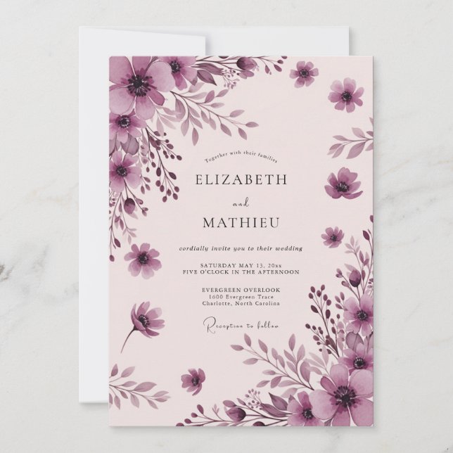 Convite Casamento Aquarela Sereno Malva (Frente)