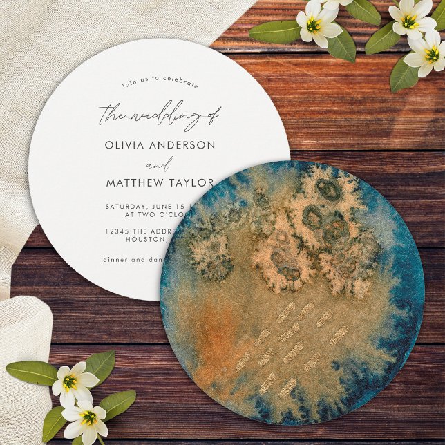 Convite Casamento Aquarela Simples Único Azul Marinho Dour (Front/Back)