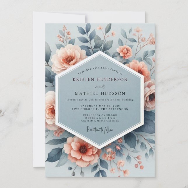Convite Casamento Aquarela Slate Peach (Frente)