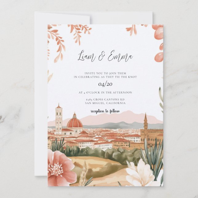 Convite Casamento Aquarela Toscana Florença Itália (Frente)