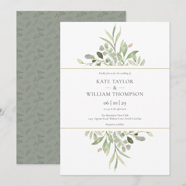 Convite Casamento Aquarela Verde Botânico de Eucalipto (Frente/Verso)