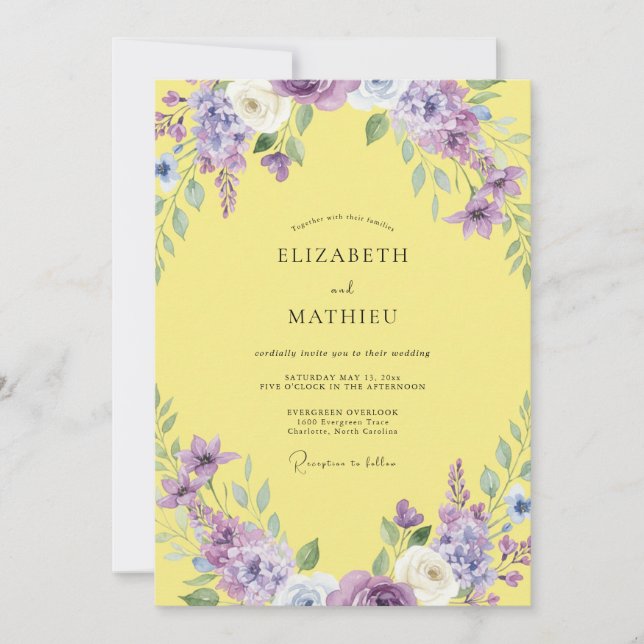 Convite Casamento Aquarela Violeta Amarela (Frente)