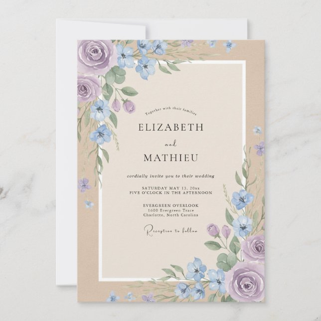 Convite Casamento Aquarela Violeta Centáurea (Frente)