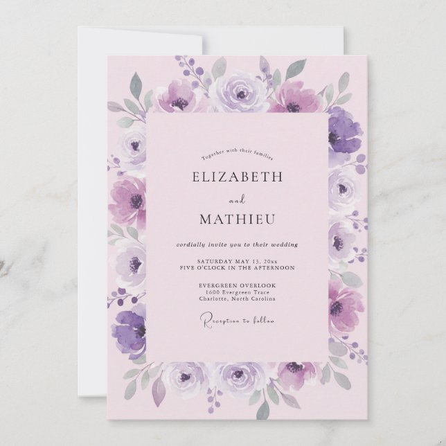 Convite Casamento Aquarela Violeta Lilás (Frente)