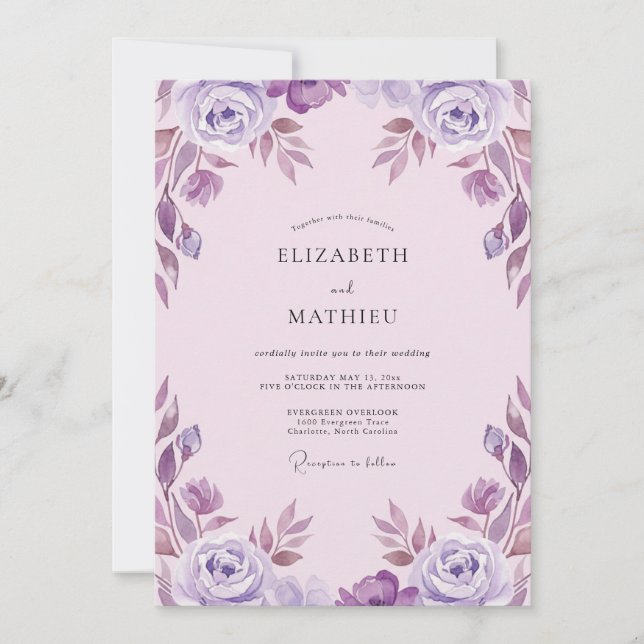 Convite Casamento Aquarela Violeta Rosa (Frente)
