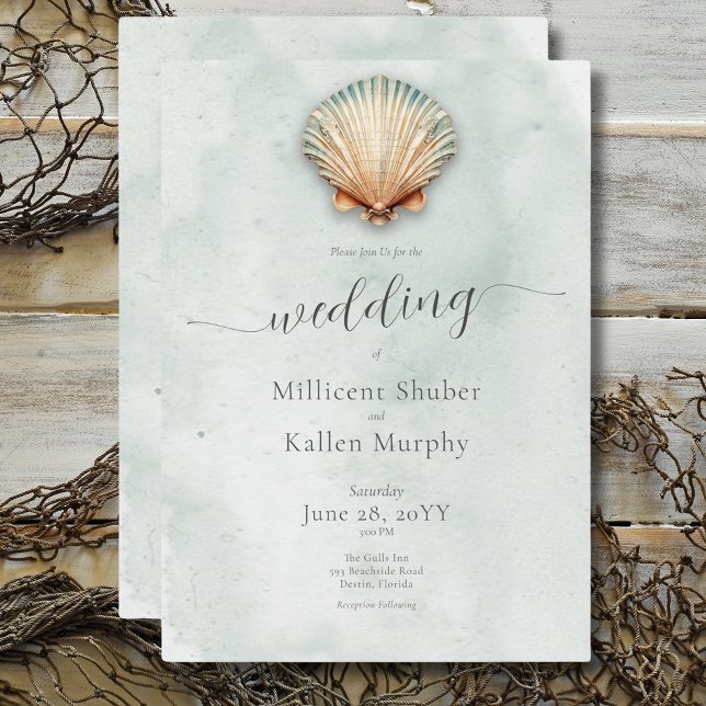 Convite Casamento Aquático com Conchas Marinhas Modernas d (Modern Coastal Seashell Aqua Wedding Invitation)