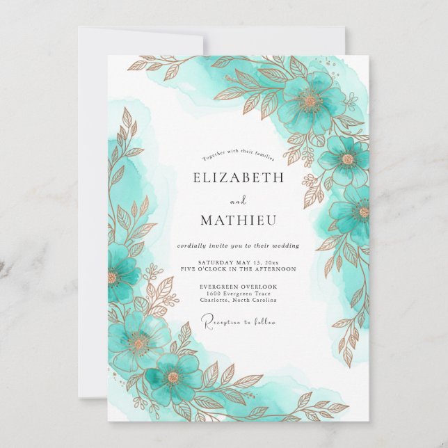 Convite Casamento Aquático Dourado Costeiro (Frente)