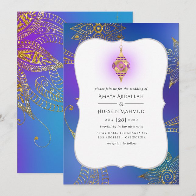 Convite Casamento Árabe Bollywood com Folha de Ouro (Frente/Verso)
