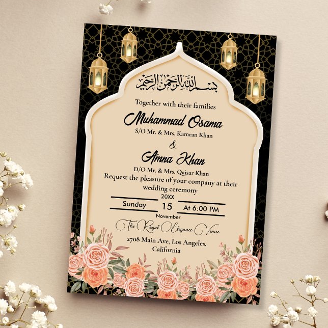 Convite Casamento Árabe Floral Muçulmano Dourado Negro (Criador carregado)