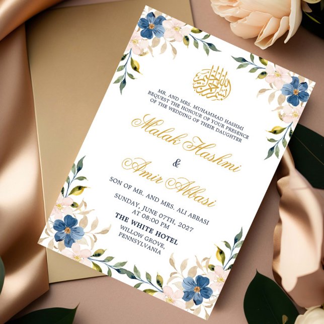 Convite Casamento Árabe Islâmico Dourado Floral do marinho (Criador carregado)