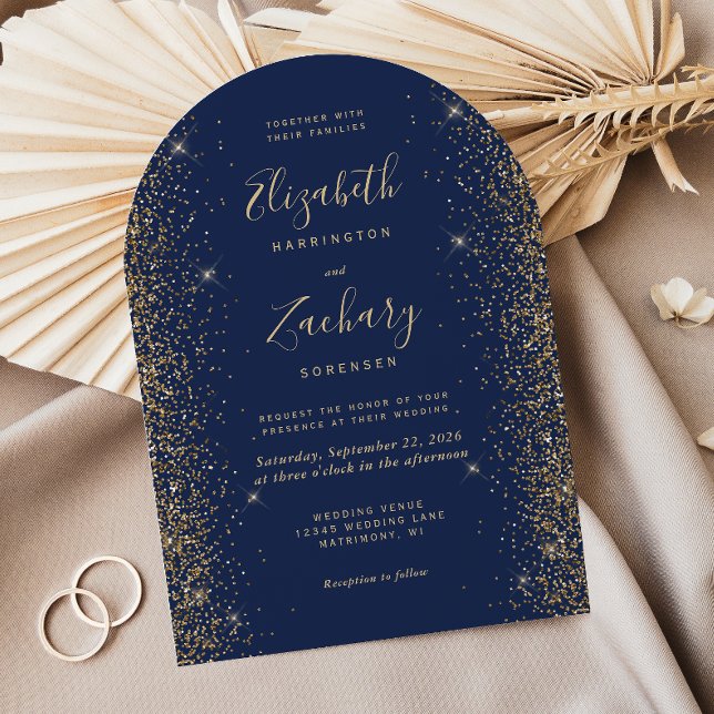 Convite Casamento Arco Azul Marinho Dourado com Brilho Mod (Criador carregado)
