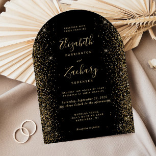 Convite Casamento Arco com Brilho Dourado Preto Moderno
