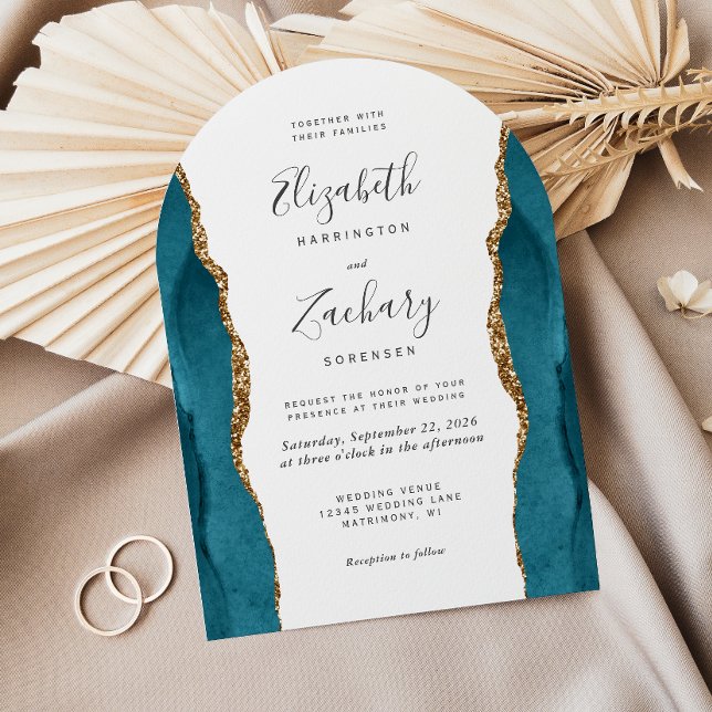 Convite Casamento Arco de Ágata Dourada Teal Moderna (Criador carregado)
