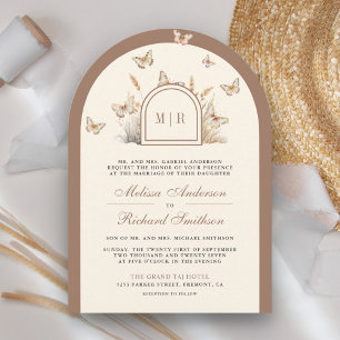 Convite Casamento Arco de Borboleta Flor Silvestre Bege Cr